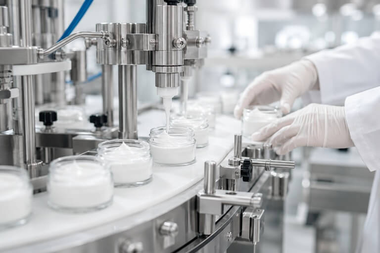Präzise Abfüllung von Creme-Tiegeln in der GMP-zertifizierten Kosmetik-Produktion und Lohnherstellung von Biometiq.